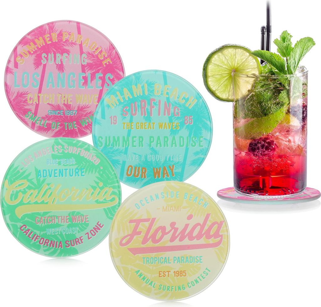 com-four 4x Glas-Untersetzer für Getränke - Runde Getränkeuntersetzer für jeden Tisch - Untersetzer aus Glas mit "Surfing"-Motiv - Cocktail-D...