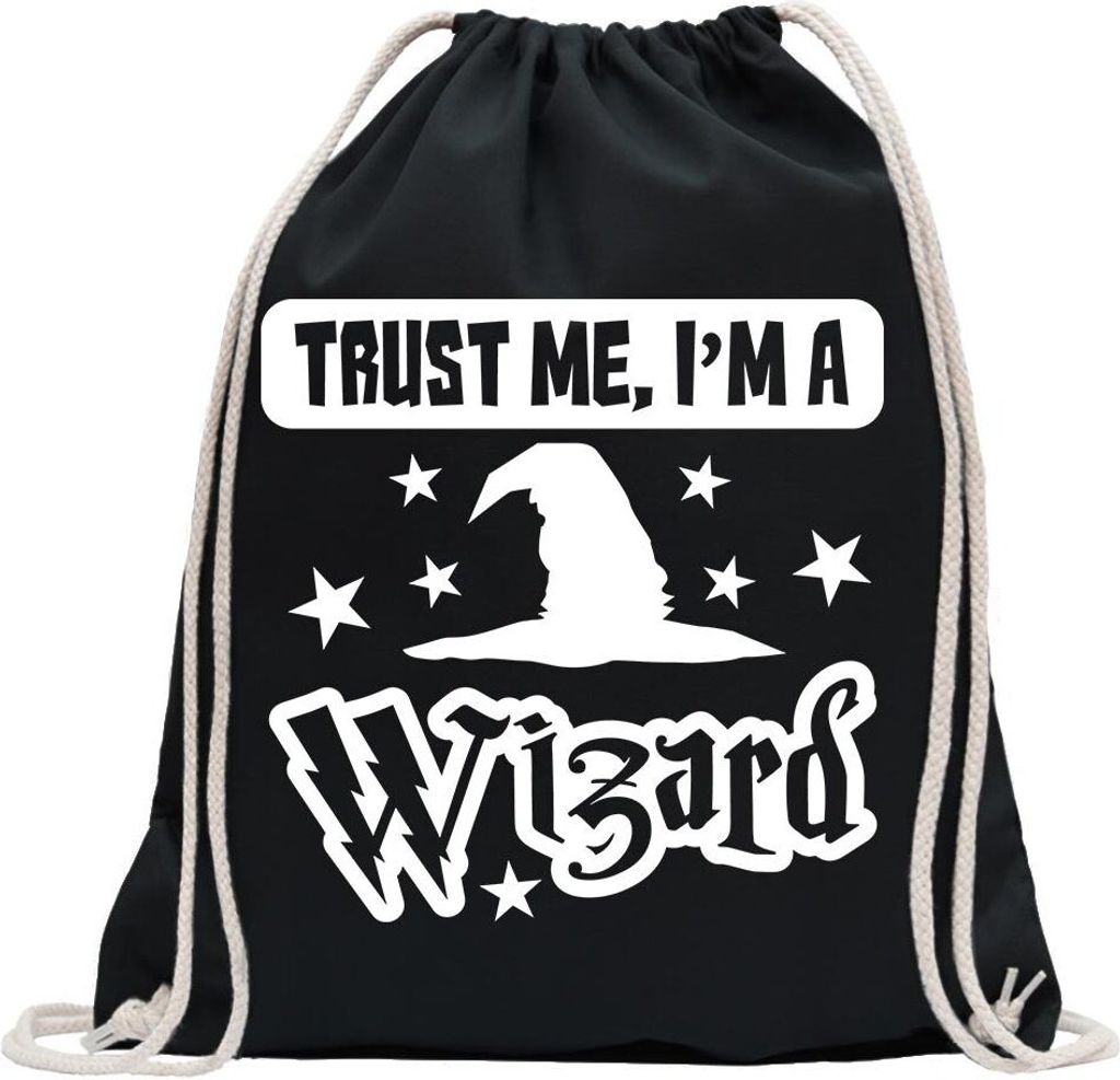 Kiwistar - Turnbeutel - schwarz - Trust me, im a Wizard - Fun Rucksack Sport Beutel Gymsack Baumwolle mit Ziehgurt
