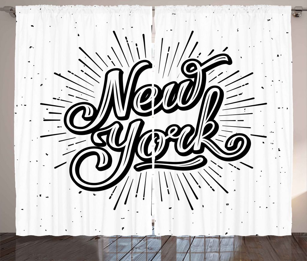 ABAKUHAUS Jahrgang Rustikaler Gardine, New Yorker Typografie, Schlafzimmer Kräuselband Vorhang mit Schlaufen und Haken, 280 x 225 cm, Weiß Schwarz