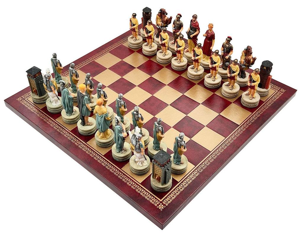 Italienisches Schachfiguren-Set Griechen Gegen Römer + Schachbrett Gold/Burgunder 33