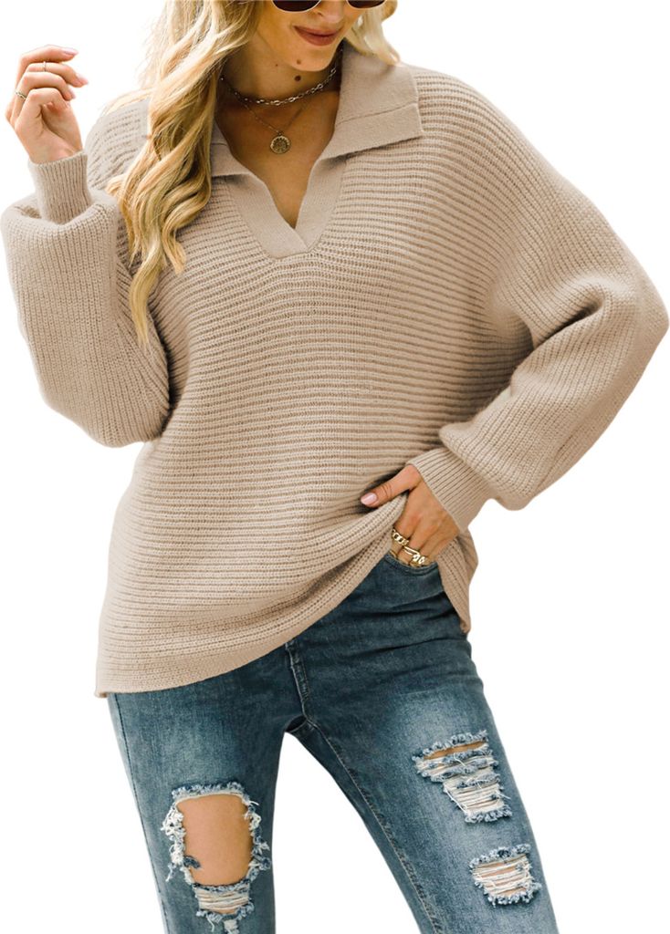 ASKSA Damen Strickpullover Rippstrick Reverskragen V-Ausschnitt Pullover Langarm Casual Oberteil, Khaki, M