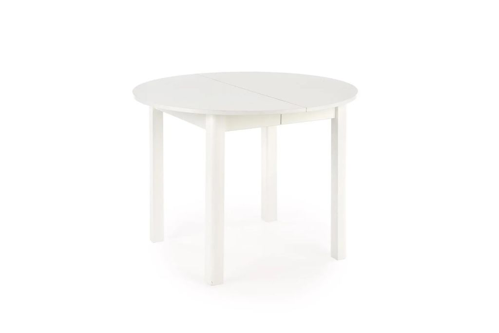 A white round dining table with four legs, shown from a slightly elevated side angle against a white background.