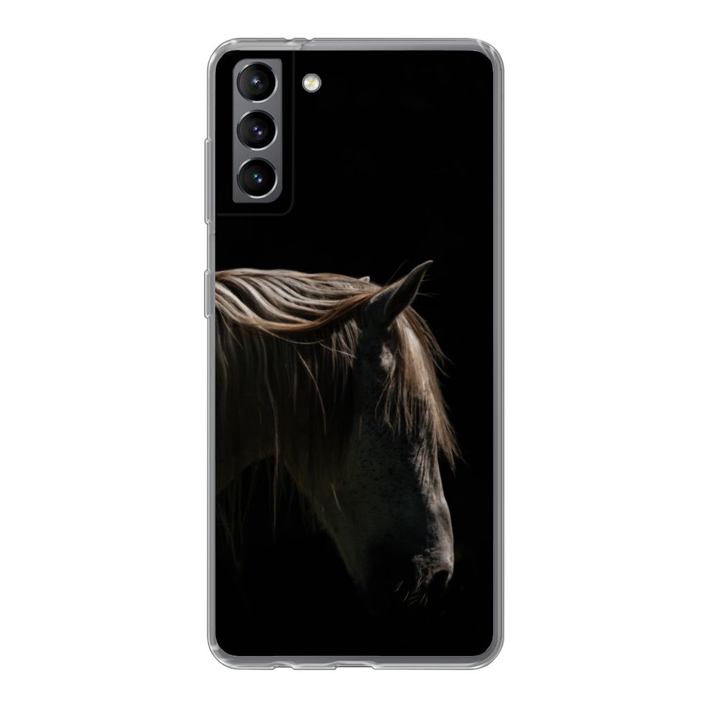 MuchoWow Handyhülle Schutzhülle Hülle für Samsung Galaxy S21 Plus Pferd - Tiere - Weiß Silikon Softcase Handy Hülle - Handy-Tasche