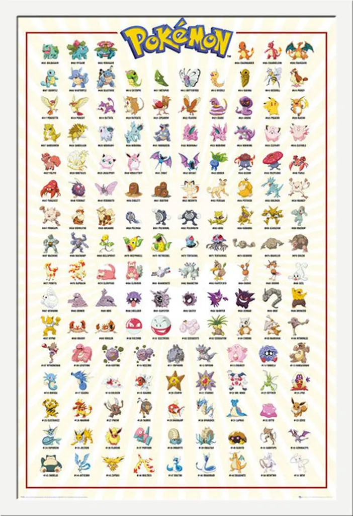 Poster Pokémon Kanto 151 : Idée Cadeau Geek avec Cadre Shinsuke Blanc