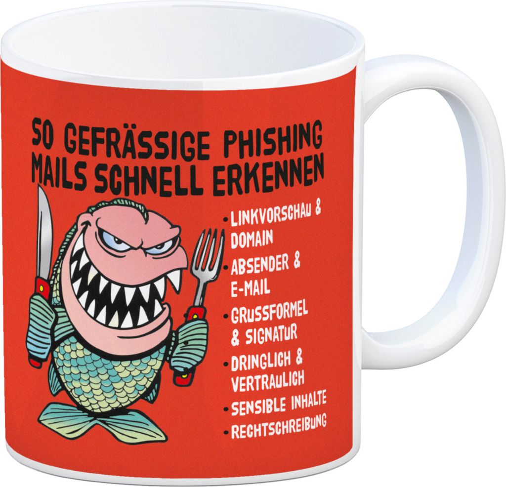 Kaffeebecher zum Thema Phishing Mails erkennen mit Fisch Motiv in rot
