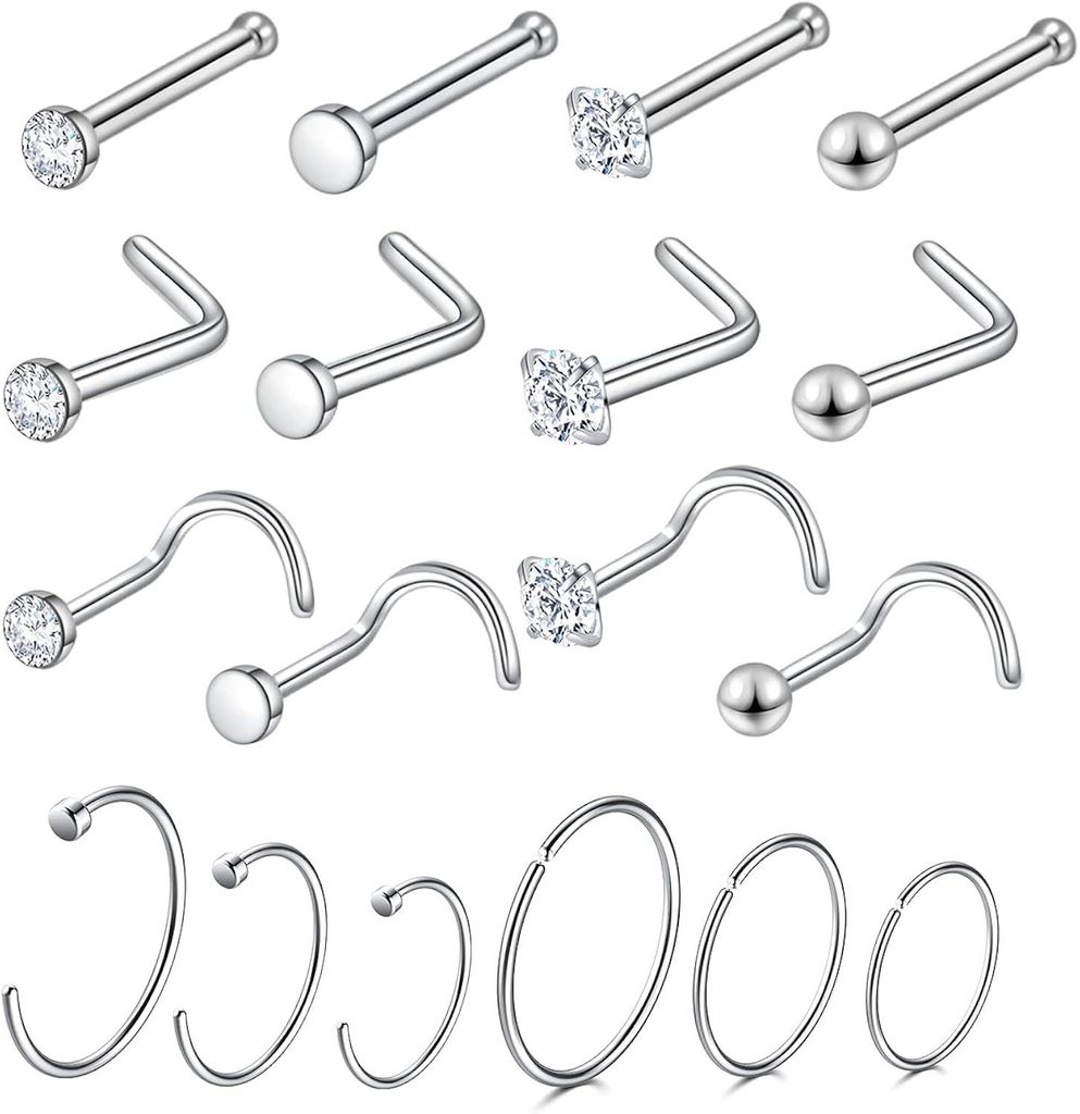 Nasenring Set 18-teilig, 20 Gauge Chirurgenstahl, Produktbild 