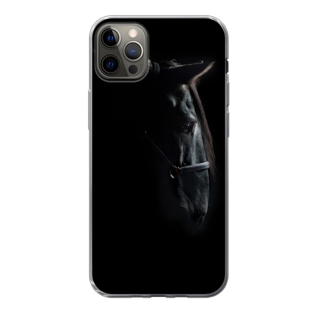 MuchoWow Handyhülle Schutzhülle Hülle für iPhone 12 Pro Max Pferd - Leicht - Schwarz Silikon Softcase Handy Hülle - Hartschale