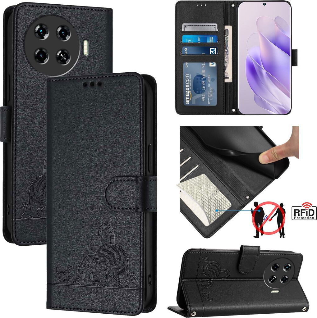 Leder Hülle für Tecno Spark 20 Pro+ Süße Katze Flip Case Brieftasche Schutzhülle mit Standfunktion Schwarz