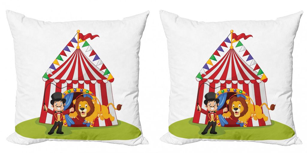 ABAKUHAUS Zirkus Kissenbezug Set (2Stück), Karikatur Löwe, Der Durch Den Ring Mit Zirkus Zelt Feier Leistungs Show Springt, 45x45cm, Mehrfarbig