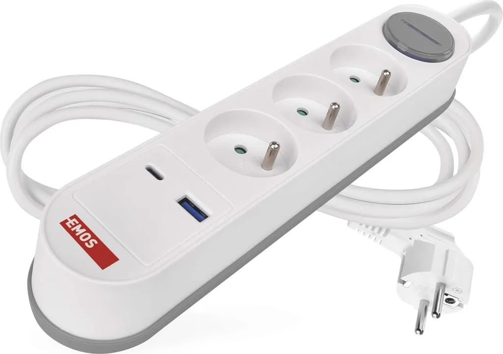 Emos P1311U Prolunga 2m con 3 Prese e Hub USB A+C | Alta Qualità
