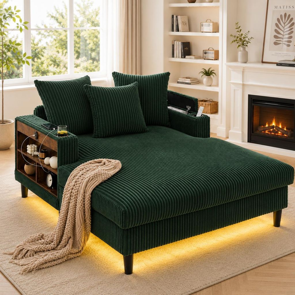 Cordsofa mit Chaiselongue Lounge Sofa mit LED-Beleuchtung USB Getränkehalter Couch mit Stauraum Seitentasche Wohnzimmersofa Ecksouchen Polstersofa