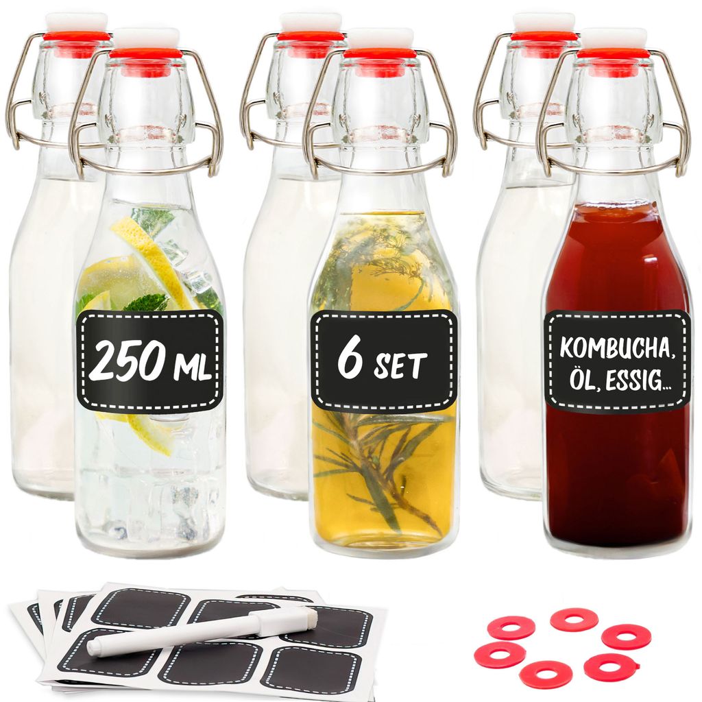 Praknu 6er Set Glasflaschen 250ml mit Bügelverschluss - Bügelflaschen Zum Befüllen - inkl. 6 Extra Dichtungen & 12 Etiketten mit Stift - Glasfla...