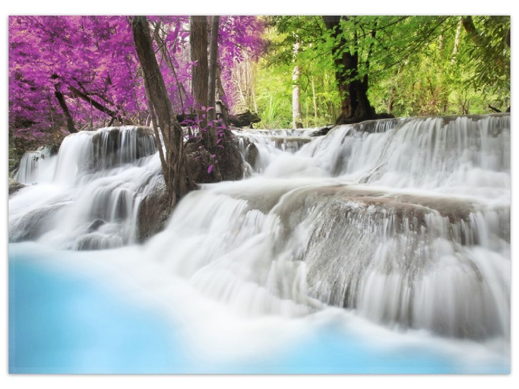 Wallario Premium Teppich, Größe 50 x 70 cm, Wasserfall in einem bunt gefärbten Wald