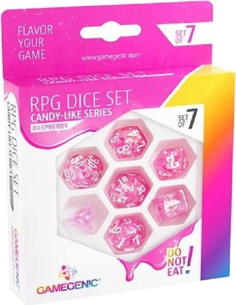 Dés RPG Framboise lisibles et équilibrés : set 7 pièces Candy pailleté