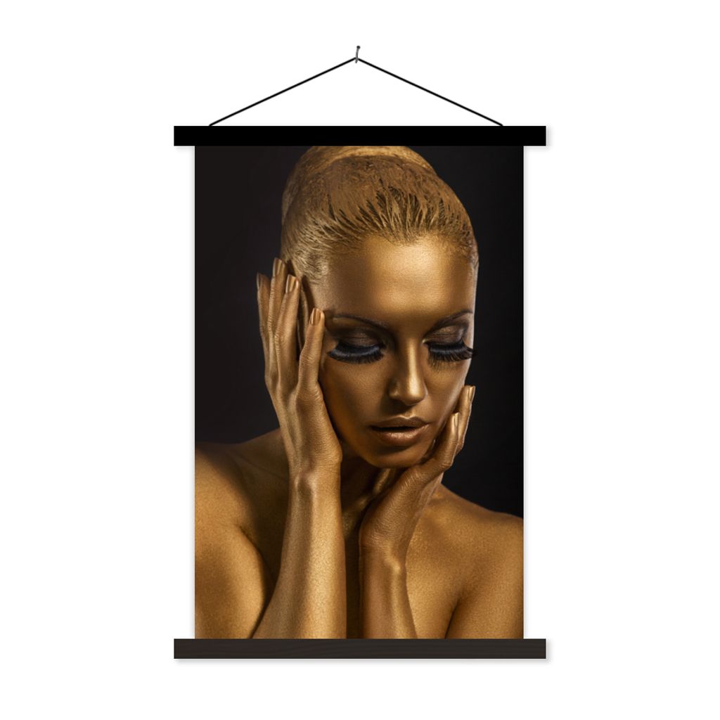 MuchoWow Textilposter Gold - Frau - Schwarz und Gold 60x90 cm mit schwarzem Rahmen - Poster Wohnzimmer