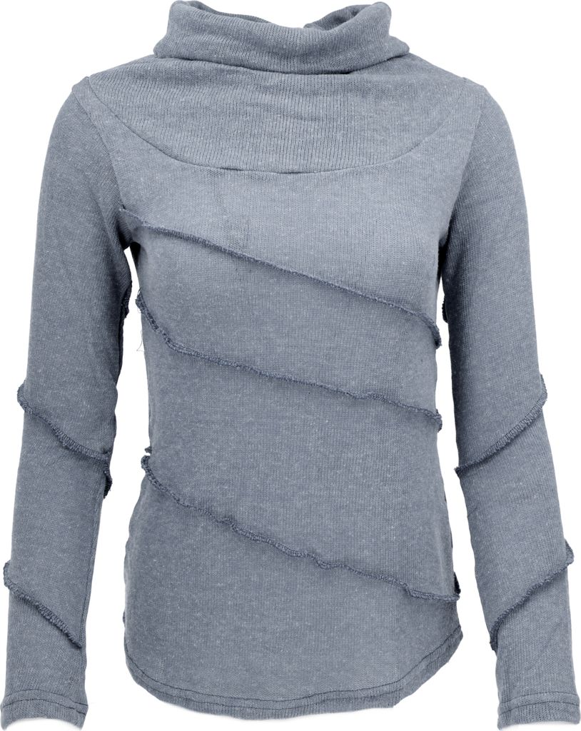 Psytrance Feinstrick Shirt, Langarmshirt, Pullover mit Overlock - Taubenblau, Damen, Baumwolle, Größe: M