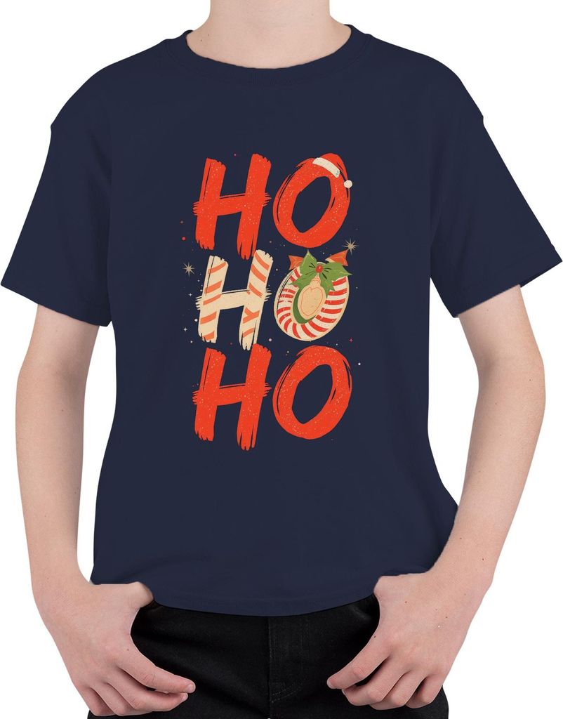 HO HO HO Weihnachten Weihnachtskugel Zuckerstange Retro festlich Uni Kinder T-Shirt, Navy, 128