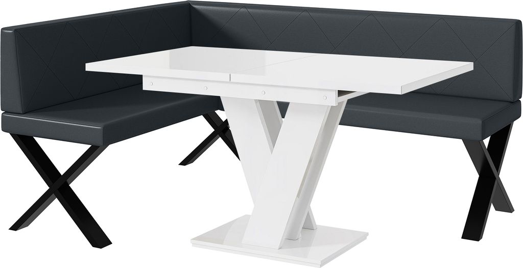 MEBLINI Eckbank für Esszimmer mit ausziehbarem Tisch - Küchenbank - Essecke - Sitzecke Küche - ERIC - X-Beine 128x168x87cm Links - Dunkelgrau Ku...