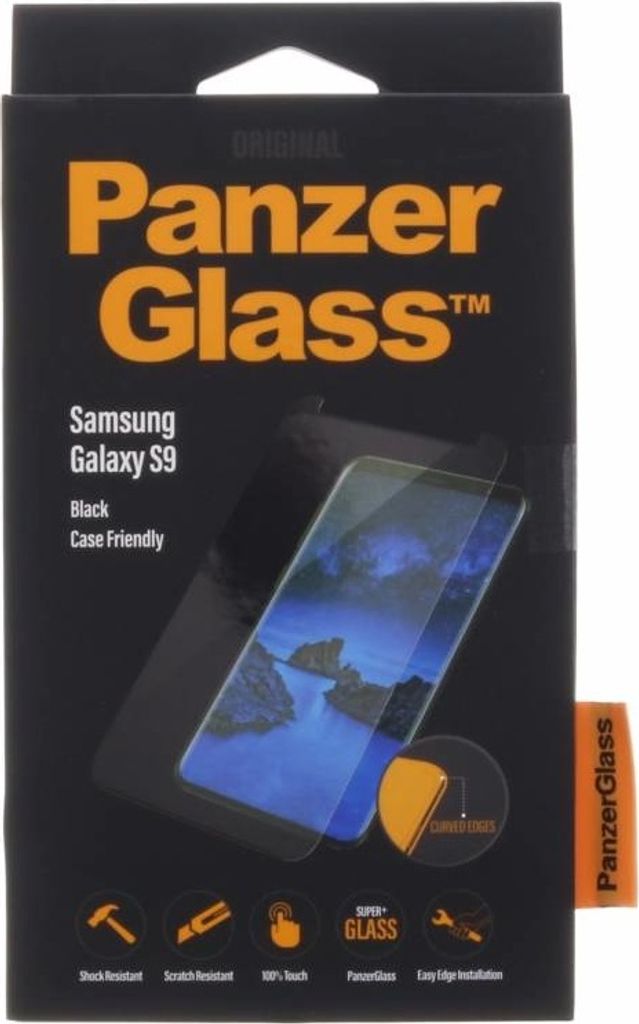 The image shows the retail packaging for a PanzerGlass screen protector for a Samsung Galaxy S9.