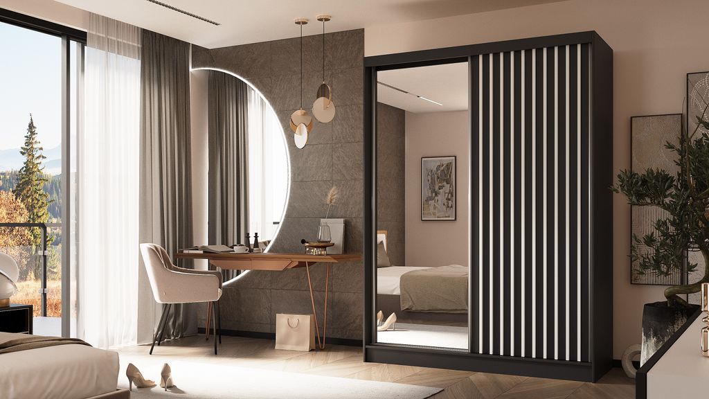 ALTDECOR Kleiderschrank mit Spiegel und Schiebetüren, kugelgelagerte Führungsschienen und Aluminium-Leisten - LAMELO - 160 cm - Schwarz/Schwarz/W...