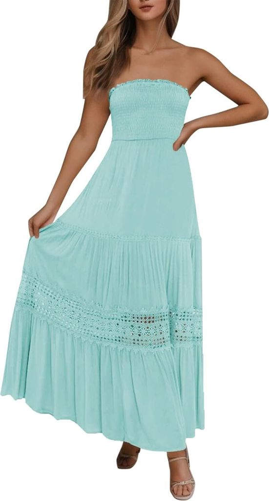 ASKSA Damen Sommer Kleider Bandeau Kleid Lang Schulterfreies y TraeGerlos Off Shoulder RueCkenfrei Spitzenbesatz Maxikleid (Seeblau,L)