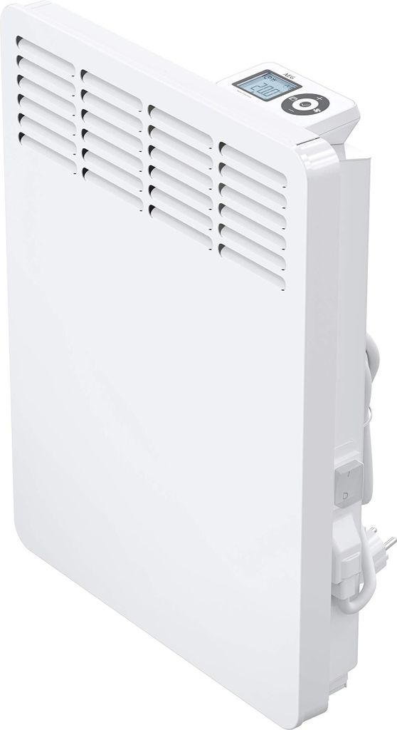 A white electric convector heater is shown at a diagonal angle against a white background.
