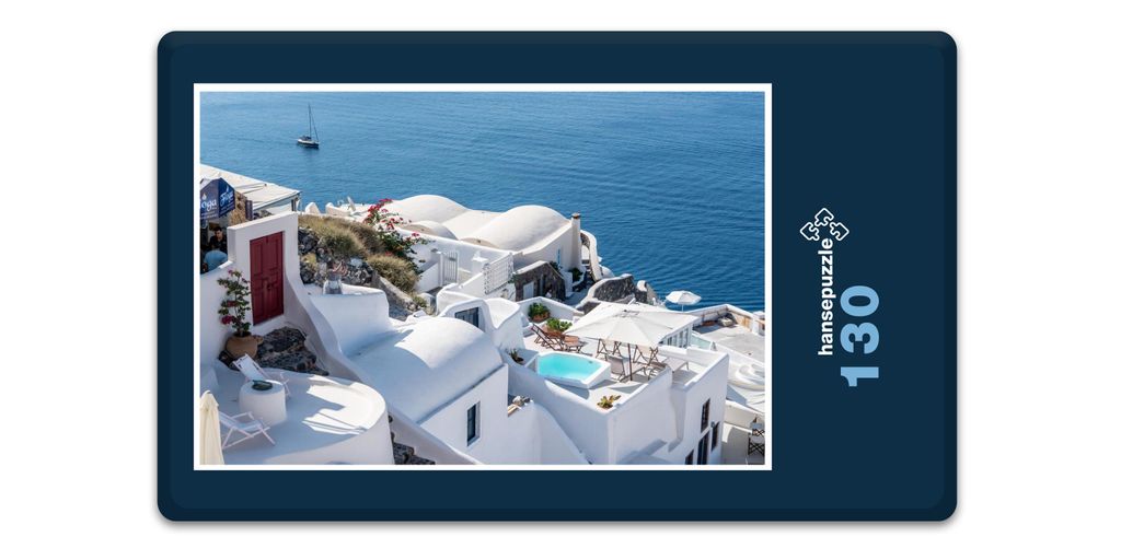 hansepuzzle 18358 - Santorini Puzzle, 130 Teile, Natur, 28,7 x 20,0cm mit hochwertiger Aufbewahrung, Kartonbox und wiederverschließbarem Beutel