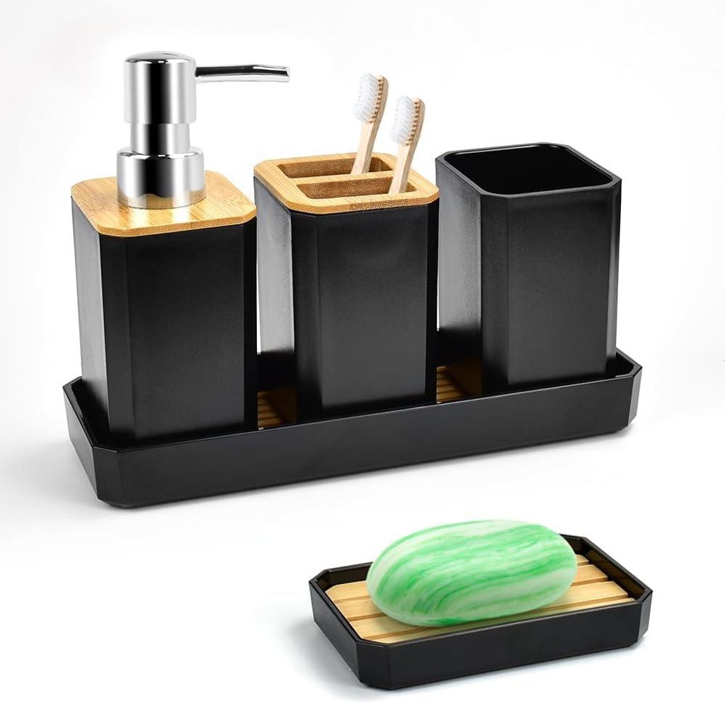 5-teiliges Bambus-Accessoire-Set: Lotion, Zahnbürste, Becher, Seifenschale, Tablett – schwarz