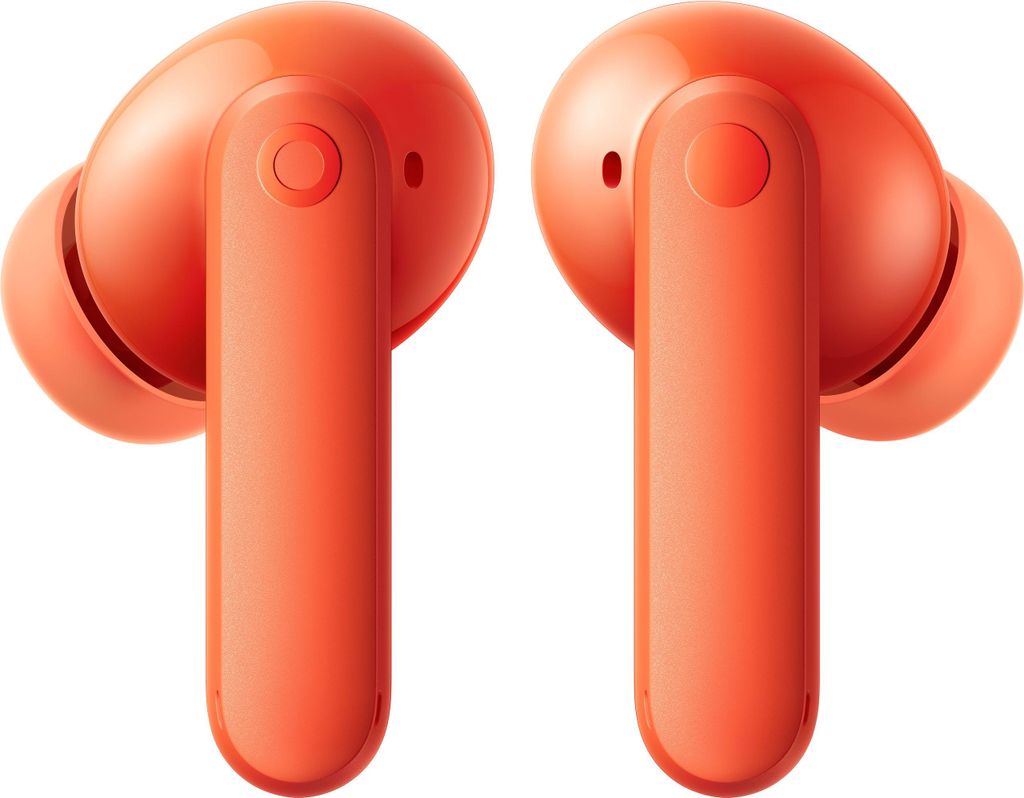 A pair of orange wireless earbuds are shown against a white background.