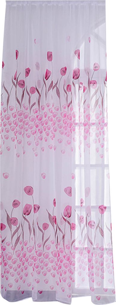 1 Blatt Fenster Gaze Stangentasche Design Pastoral durchscheinend schöner Druck, schiere Vorhang Home Dekoration-Rosa ,Größen:100x270CM