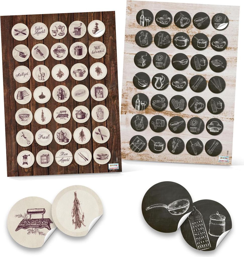 70 runde 3 cm Küchensticker Küchenaufkleber Aufkleber antik Vintage Küche Obst Besteck Essen Gastronomie Sticker Küchendeko Deko