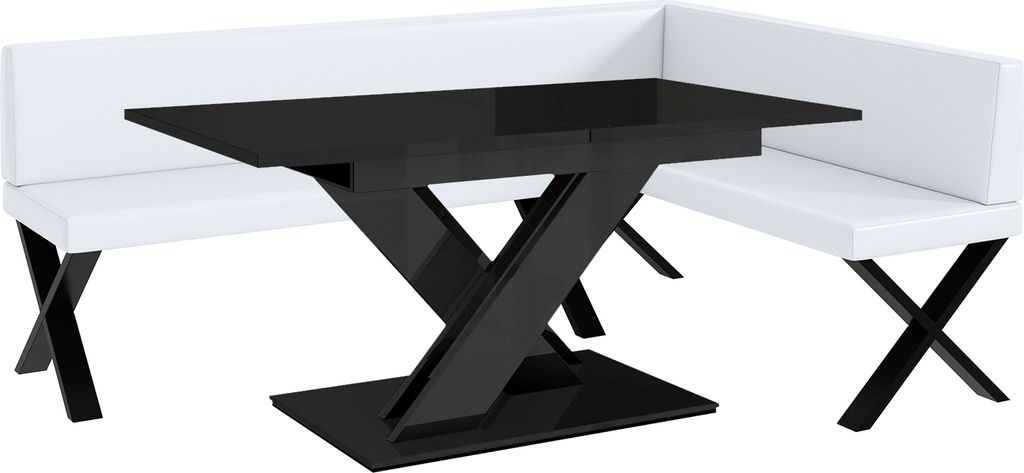 MEBLINI Eckbank für Esszimmer mit ausziehbarem Tisch - Küchenbank - Essecke - Sitzecke Küche - TONI - X-Beine 142x196x87cm Rechts - Weiß Kunstl...