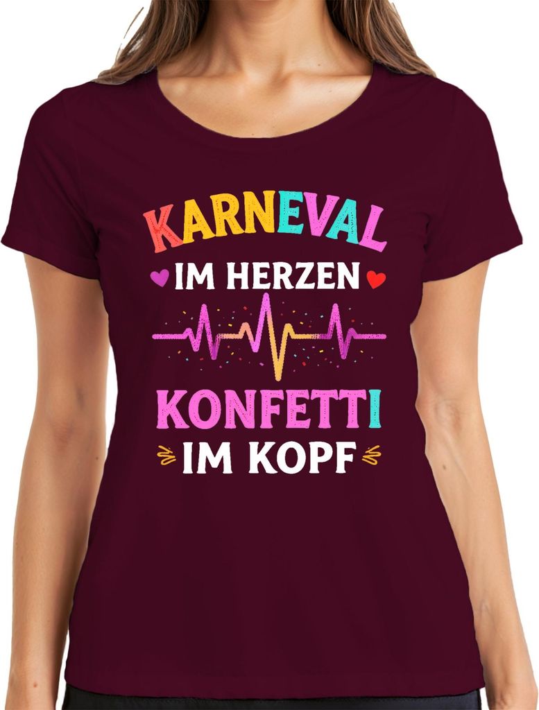 Karneval im Herzen Konfetti im Kopf Fasching Geschenk lustig bunt Damen T-Shirt, Burgundy, 3XL