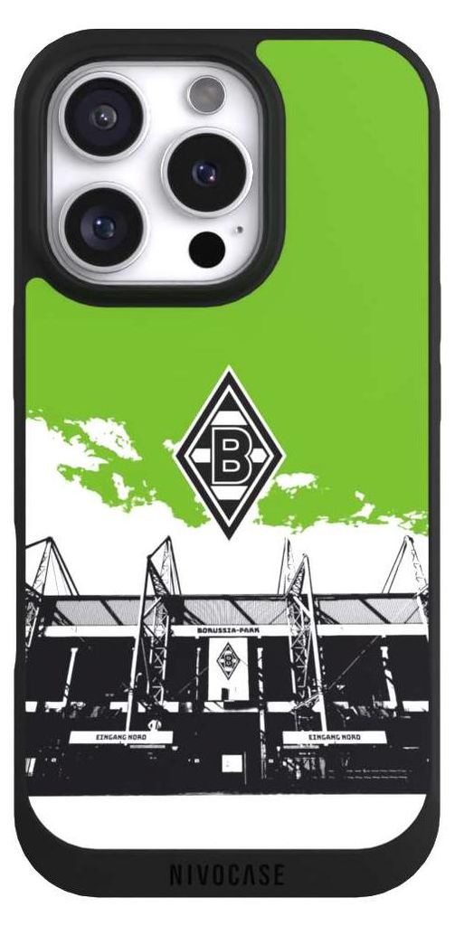 NIVOCASE Handyhülle für Apple iPhone 16 Pro Hülle NIVOpure Case Schwarz Borussia Mönchengladbach Fanartikel Stadion