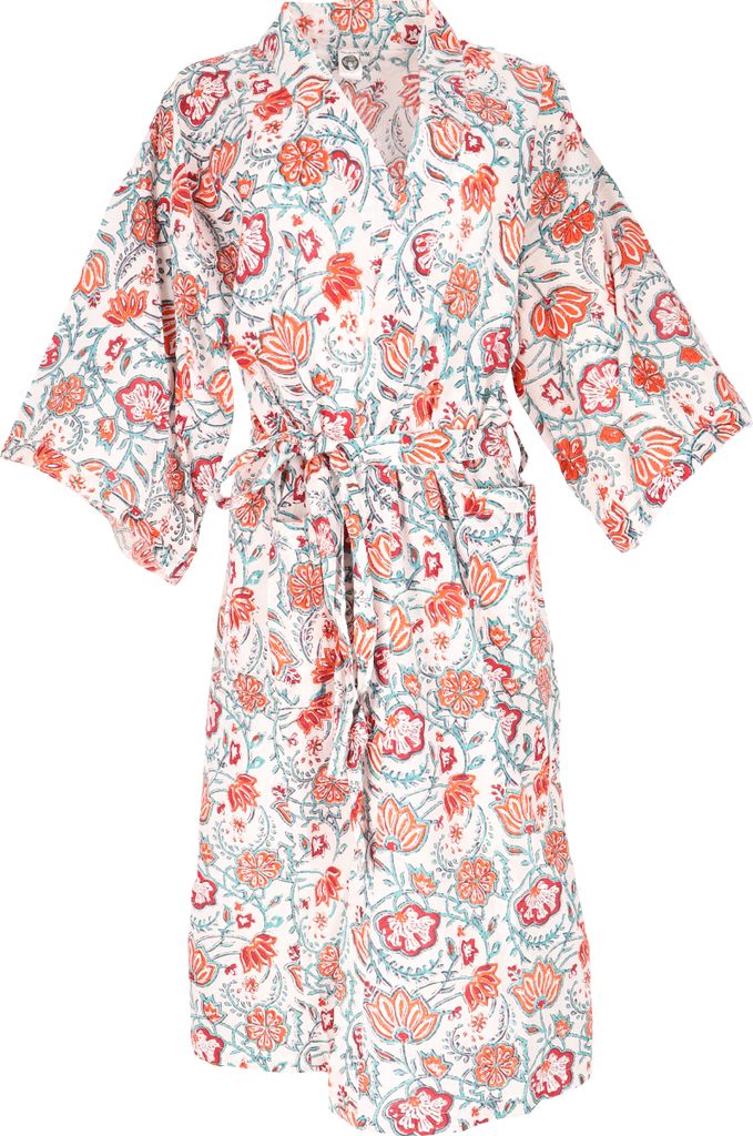 Kimono im Japan Style, Handbedruckter Oversize Baumwoll Kimono Mantel, Kimonokleid - Weiß, Damen, Mehrfarbig, Baumwolle, Größe: S/M