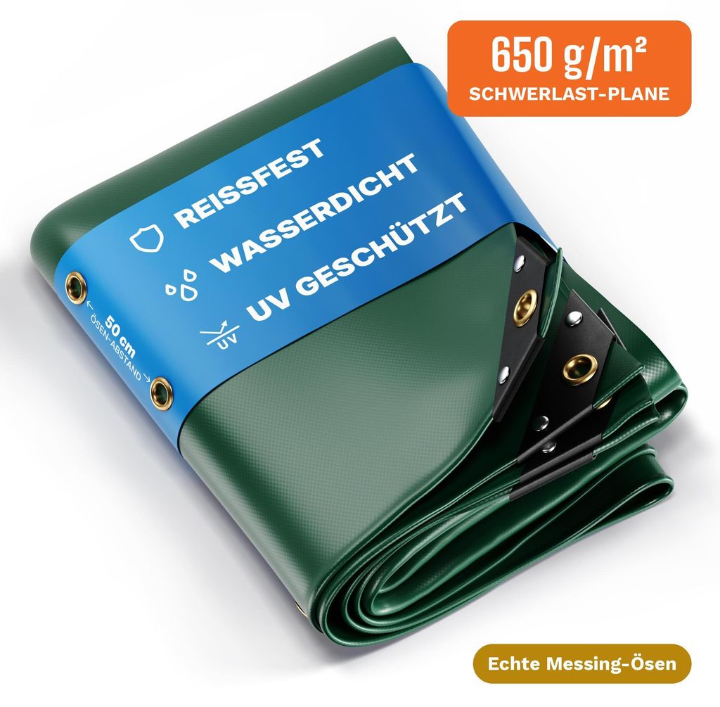 UMBRELLA Abdeckplane 650 g/m² 4x6 m (24 m²) Grün – 100 % wasserdicht, UV-beständig, reißfest, Messing-Ösen – für LKW, Holz, Pool & Garten