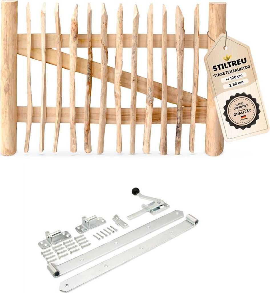 Classic Staketenzaun-Tor Set (silber) aus Edelkastanie, Breite 120 cm, Höhe 80 cm (genagelte Ausführung)