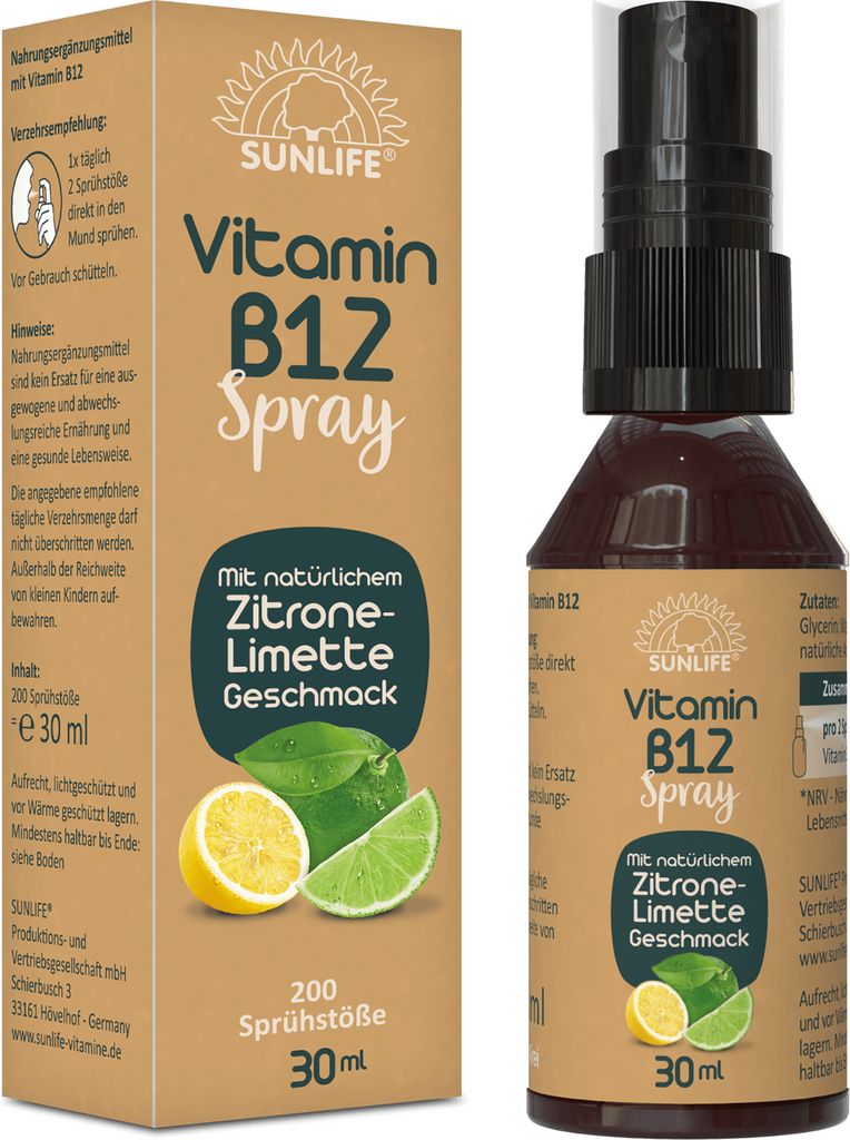 SUNLIFE Vitamin B12 Spray hochdosiert Energie & Nervensystem Unterstützung + vegane Nährstoffe & Vitalboost