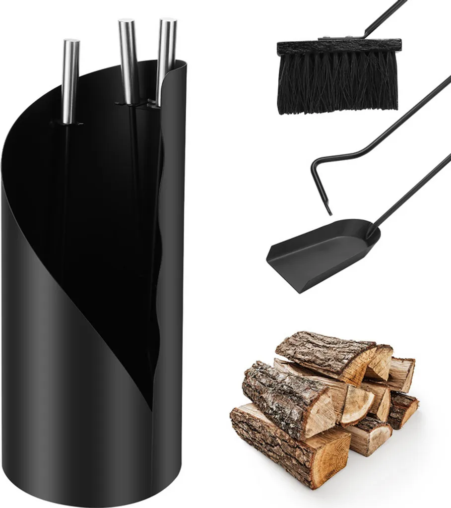 Accessori Camino Moderni 4 Pezzi - Nero e Inox - Arredo Casa Luxury