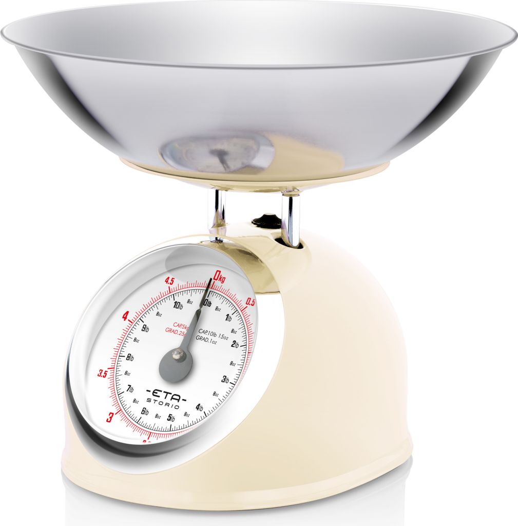 A retro-style analog kitchen scale with a cream-colored base and a silver bowl.
