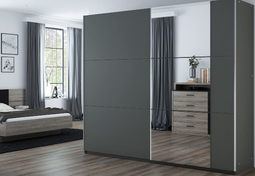Schiebeschrank Bastia 250 cm mit Spiegel, Kleiderschrank Schlafzimmer, Wohnzimmer - 250 x 215 x 65 Farbe: Graphite, Schwebetürenschrank mit 3 Klei...