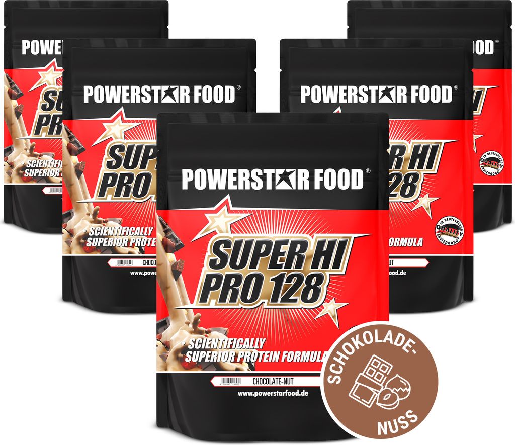 Powerstar SUPER HI PRO 128 | Mehrkomponenten Protein-Pulver 5x1kg | Höchste Biologische Wertigkeit | Protein-Shake zum Muskelaufbau | Chocolate-Nut