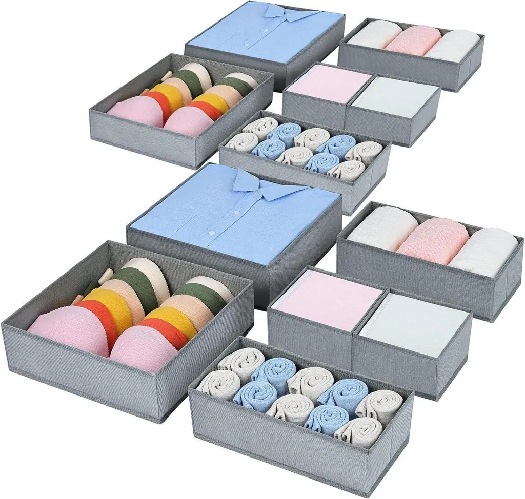 set di 12 organizer pieghevoli per cassetti in tessuto grigio chiaro