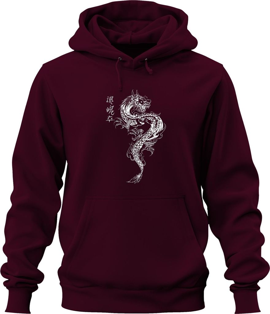 Japanischer Drache Irezumi Orientalischer Drache Asien Koi Flamme Uni Hoodie Kapuzenpullover, Burgundy, M
