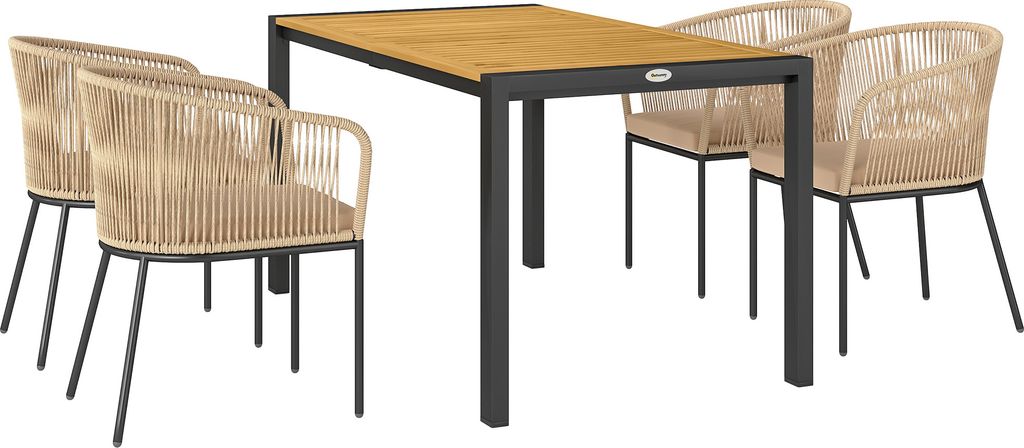 Outsunny 5-teiliges Polyrattan Gartenmöbel-Set für 4 Personen, wetterfest Balkonmöbel mit Tisch für Balkon, Garten, Naturholz+Khaki