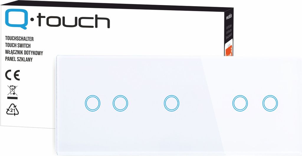 Touchschalter Panel 2+1+2 Glas weiß Qtouch Wandschalter ohne Modul