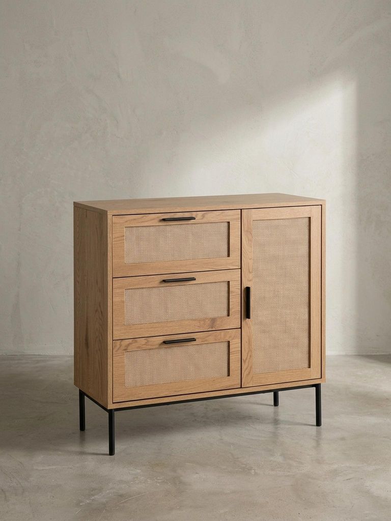 Kommode 80x82x36 cm Flurkommode Eiche-Nachbildung & Rattan, Produktbild 