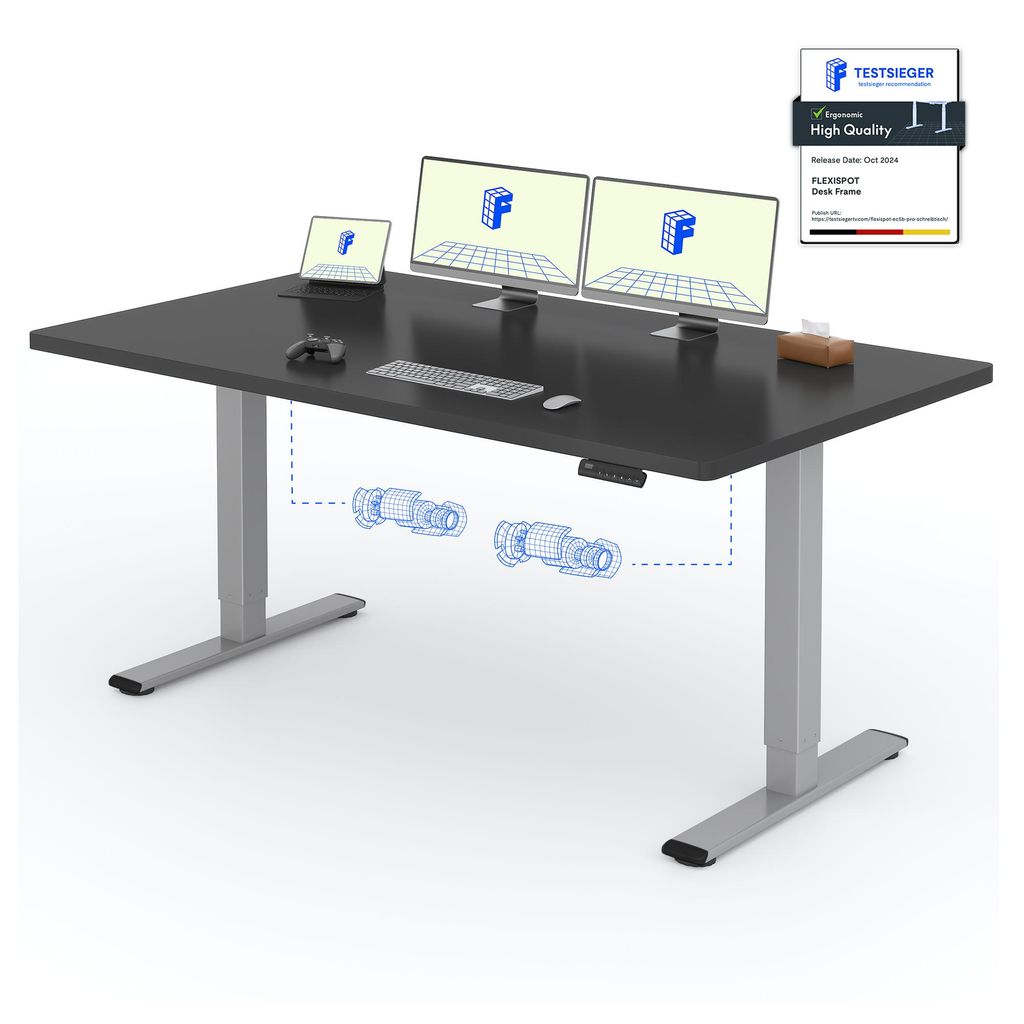 A black standing desk with two computer monitors, a tablet, a keyboard, and a mouse, shown with a diagram illustrating its lifting mechanism.