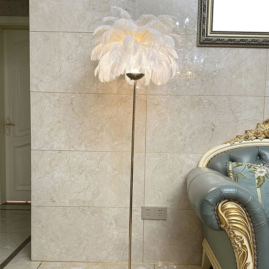 Luminaire sur pied design plume d'autruche et fer forgé blanc avec USB - 5