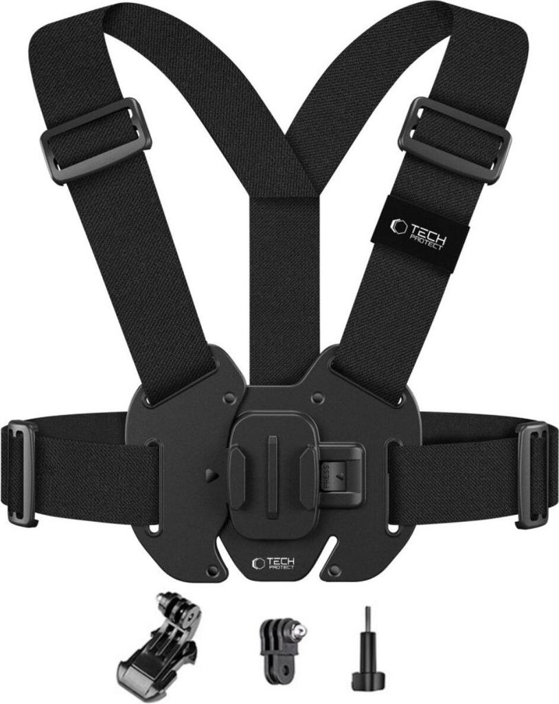 A black chest mount harness for action cameras.